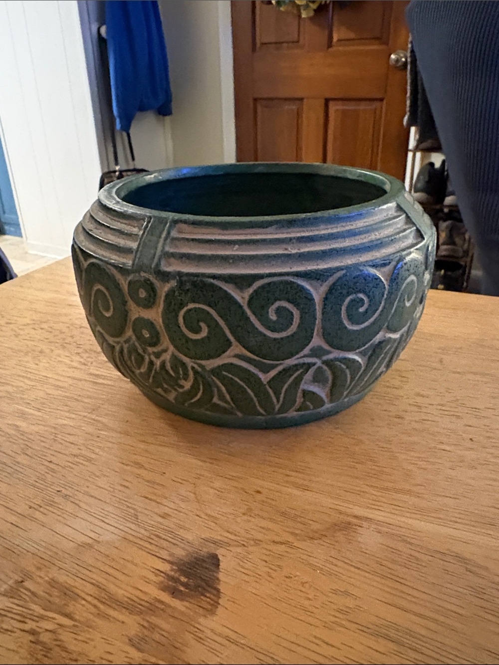 Vintage RARE Claire Burke decorative green pottery bowl with relief design